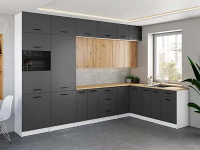 Obrázek produktu pro Rohová kuchyňská linka WERIA 330x210cm Grafit + dub artisan