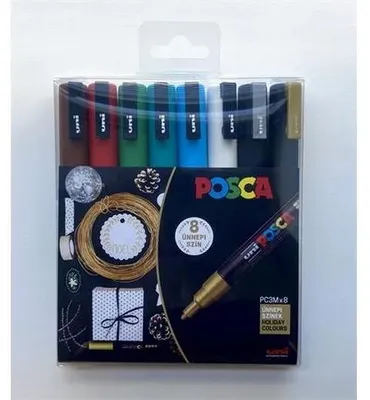 Dekoračný popisovač, sada, 0,9-1,3 mm, UNI "Posca PC-3M Holiday", 8 rôznych farieb