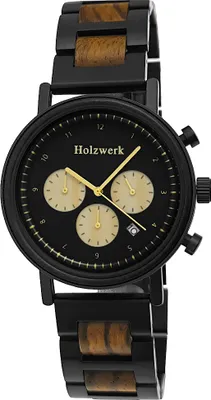 Produktbild von Holzwerk WORMS Herren Edelstahl & Holz Chronograph Datum Uhr, schwarz, beige