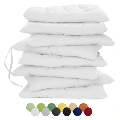 Produktbild von Lavea® Sitzkissen 40x40 cm, 8er Set, Weiß - mit Stoffbändern, Outdoor & Indoor, waschbare Stuhlkissen für Garten, Balkon, Terrasse & Esszimmer