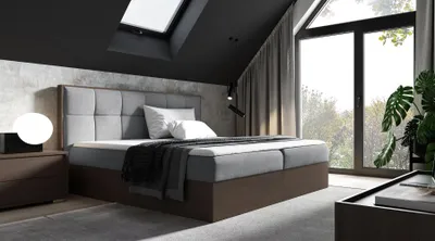 Produktbild von Kontinentales Bett 120x200 CHANTELLE 8 - dunkle Eiche / Grau + GRATIS Matratzenauflage