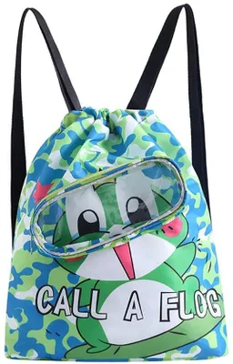 Produktbild von Unyqoos® Wasserdichte Schwimmtasche für Kinder – Cartoon mit grünem Froschkönig, Kordelrucksack, separates Schuhfach, wasserfeste PVC-Innentasche, Oxford, faltbar