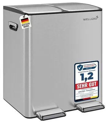 Imagen del producto de Cubo de basura para cocina de 30 litros – Cubo de basura con pedal de acero inoxidable, plateado, de 2 x 15 litros, con tapa de cierre suave, sistema de separación de residuos con 2 compartimentos y cubetas interiores de plástico