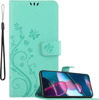 Produktbild von Cadorabo Hülle für Motorola EDGE+ in FLORAL TÜRKIS Schutzhülle im Blumen Design mit Magnetverschluss, Standfunktion und Kartenfächern Flip Case Flower Cover Etui Handy Klapp Hülle Book Tasche