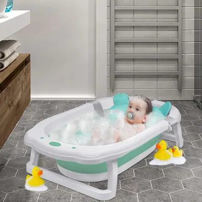Immagine prodotto di Vaschetta da bagno pieghevole per bambini QEENTOE, con piedini antiscivolo, inclusa di cuscino di supporto, salvaspazio (verde + cuscino per vaschetta)