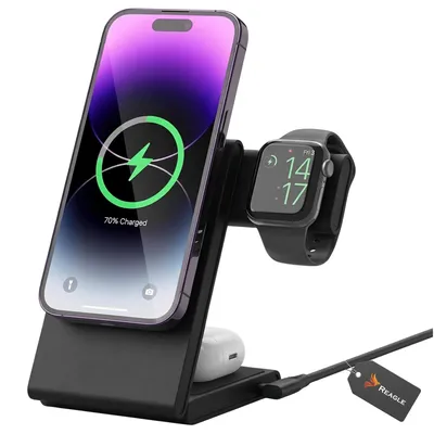 Produktbild von Reagle Qi2 3-in-1 Ladestation 25W, faltbares magnetisches Ladegerät, kompatibel mit iPhone 17–12, Apple Watch, AirPods und Samsung Galaxy, Schwarz