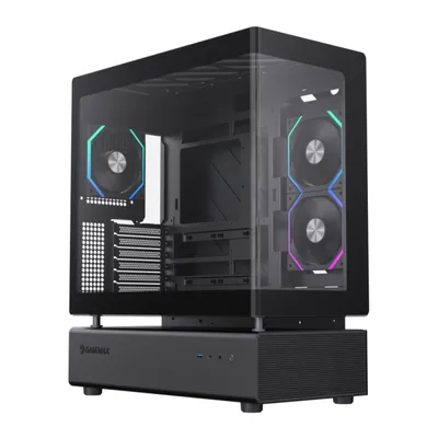 A black computer case with glass panels and RGB fans, shown from a front-diagonal angle on a white background.