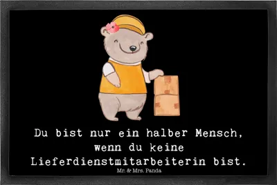 Produktbild von Mr. & Mrs. Panda fußmatte Lieferdienstmitarbeiterin Herz 40 x 60 cm - Schwarz - Geschenk, Spruch, Lustig, Türvorleger, Schmutzmatte, Pizzabringdienst, Gummimatte, Witzig