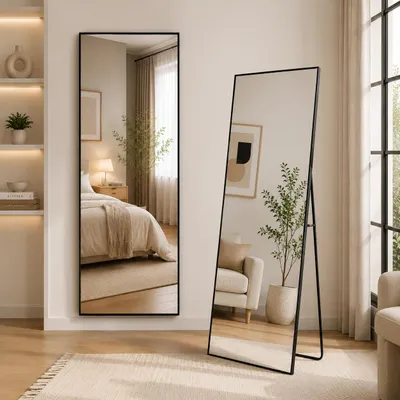 Produktbild von INONEFT Ganzkörperspiegel 173×63 cm, Quadratischer Standspiegel, Wandspiegel, Hängend oder Lehnend an die Wand, für Schlafzimmer Wohnzimmer, Schwarz, KI-generiertes Bild