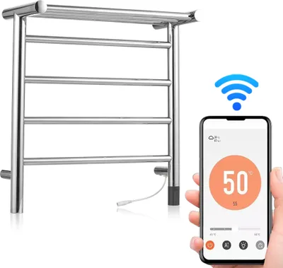 Obrázek produktu pro WiFi Elektrický ohřívač ručníků, 45 W, 24 V, 4 tyče, ohřívač ručníků s časovačem na horní polici, nástěnný, vodotěsný IPX4, aplikace AI Tuya, nastavitelná teplota, rychlý ohřev, nerezový vyhřívaný držák ručníků do koupelny, stříbrný