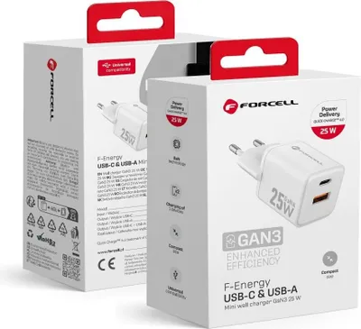 Immagine prodotto di Forcell, caricabatterie da rete GaN III 25W con USB-C + USB, formato mini, bianco