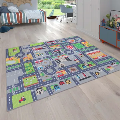 Produktbild von Kinderteppich waschmaschinenwaschbar Dorf‑ und Bauernhofplan‑Muster Kinderzimmer schmutzabweisend Grau Rechteckig 160x220 | 100% Polyester