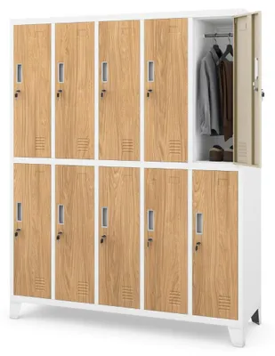 Produktbild von Umkleideschrank Spind BARTEK 10 Abteile Etikettenhalter Lüftungsschlitze | Umkleidespind Schließfachschrank Garderobenspind 172x136x45cm Weiß-Goldene Eiche
