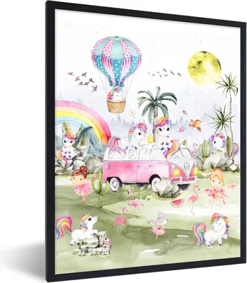 Produktbild von MuchoWow® Gerahmtes Poster Einhorn - Regenbogen - Kinder - Mädchen - Auto 60x80 cm - Poster mit Schwarzem Bilderrahmen Wandposter Rahmen Foto Bilder - Premium - Wanddeko Wohnzimmer