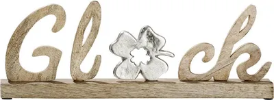 Produktbild von Gilde Schriftzug "Glück" auf Holzbase Mangoholz, Kleeblatt aus Aluminium Länge 41,0 cm Breite 5,0 cm Höhe 14,0 cm 48776