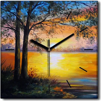 Produktbild von Coloray Uhr auf Leinwand 30x30 cm Wand Uhr Dekoration Wohnzimmer Segeltuch schwarze Hände -Landschaft eines Baumsees