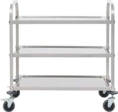 A three-tiered stainless steel serving cart with wheels, shown against a white background.
