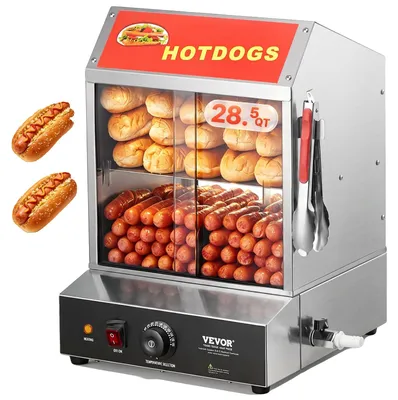 Productafbeelding van VEVOR Stoomoven voor hotdogs, 27 liter, 2-traps stoomoven voor hotdogs, temperatuurregeling van 30°C tot 85°C, elektrische broodwarmer met schuifdeuren van gehard glas, scheidingsplaten, roestvrij staal