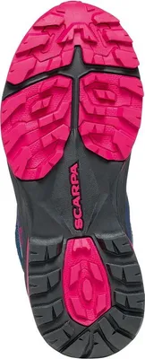 Sohle des Rush Mid Kid GTX Kinder Wanderschuhs von Scarpa; mit rutschfester Gummimischung in Pink und Schwarz.