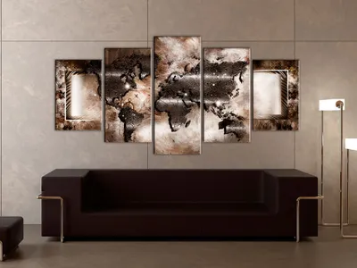 Produktbild von Akustikbild Abstrakt Weltkarte 200x100 cm Bilder Akustikschaum Hochleistungsschallabsorber Schallschutz Leinwand 5 tlg Wandbild Raumakustik Schalldämmung Kontinente Ornament braun 020101-248