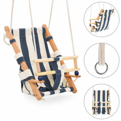 Zdjęcie produktu dla Huśtawka dziecięca GINGER HOME wykonana z drewna, w stylu leżaka – siedzisko z bawełny, barierka ochronna, do użytku wewnątrz i na zewnątrz (36×24×57 cm)