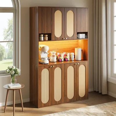 Produktbild von Merax Hochschrank Sideboard mit PE-Rattan und LED Beleuchtung, Esszimmerschrank Küchenschrank mit Türen und offenen Nischen, Natur