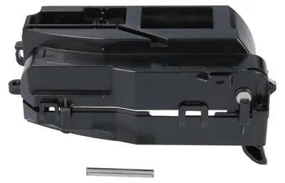 A black plastic part for a robot vacuum cleaner, with a metal pin in front of it.