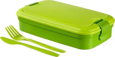 Image de Boîte à lunch en plastique verte 23 x 13 cm avec couvercle et couverts