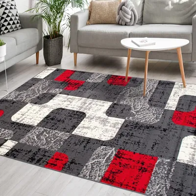 Productafbeelding van Vloerkleed Modern - Kortpolig Tapijt - Woonkamer Decoratie - Gecertificeerd - 130 x 190 cm - Grijs Rood
