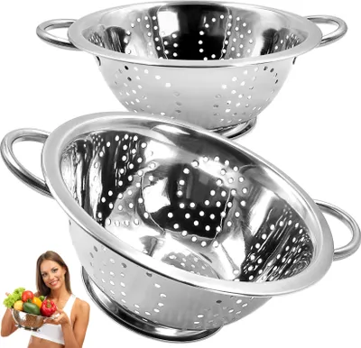 Produktbild von 2x Küchensieb aus Edelstahl - klassisches Nudelsieb - Abtropfsieb mit 2 Griffen - rund - Seiher Ø 24cm, silber