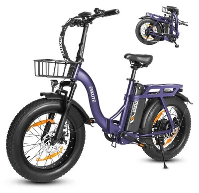 Immagine prodotto di D202 - Bicicletta elettrica pieghevole con telaio ribassato - Motore brushless da 250 W e 48 V - Batteria da 20,8 Ah - Pneumatici larghi 50 cm - Cestino e portapacchi - Viola