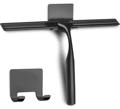 Image de Grattoir pour paroi de douche en acier inoxydable, 25 cm, noir, avec crochet pour salle de bain