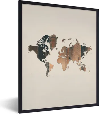 Produktbild von MuchoWow® Gerahmtes Poster Weltkarte - Holz - Braun 60x80 cm - Poster mit Schwarzem Bilderrahmen Wandposter Rahmen Foto Bilder - Premium - Wanddeko Wohnzimmer