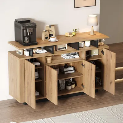 Obrázok produktu pre Komoda Sideboard Natural 140x40x85 cm so 4 dverami a 3 otvorenými priehradkami, úložný priestor do obývacej izby, predsiene alebo kancelárie