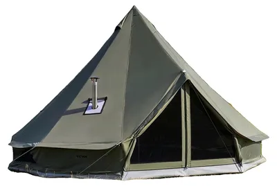 Image de Tente en toile VEVOR, type yourte, 5 mètres de diamètre, adaptée aux 4 saisons, avec passage pour conduit de cheminée, pouvant accueillir jusqu'à 7 personnes, avec sol amovible (fermeture éclair), idéale pour le camping en famille et les activités de plein air, couleur verte