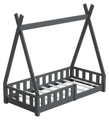 Produktbild von HAGO24 Kinderbett 160x80cm Grau Tipi Bettgestell Holzhaus Zeltoptik Rausfallschutz Lattenrost Kiefernholz Dekorierbar Montessori Stil Spielbett