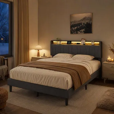 Produktbild von ProximaX Polsterbett 140x200 cm Grau, Doppelbett mit LED-Beleuchtung, USB & USB-C, Stauraum im Kopfteil und Lattenrost