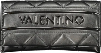 A close-up, front-facing studio shot of a black Valentino wallet.