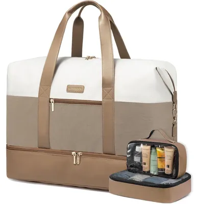 Produktbild von Reisetasche Damen Weekender Handgepäck 60L Sporttasche Kliniktasche mit Schuhfach Beige+Khaki 55x42x25cm