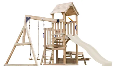 Produktbild von AXI Mette Spielturm aus Holz mit 2 Schaukeln | XXL Spielhaus / Spielplatz für Kinder mit Picknicktisch, Sandkasten & Rutsche, Creme | Schaukelgerüst für den Garten