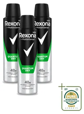 Immagine prodotto di 3 flaconi di deodorante spray Rexona Men Quantum Dry - 150 ml - confezione risparmio - 3 pezzi