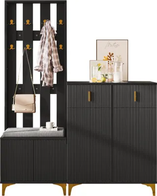 Produktbild von Garderoben-Set mit Schuhschrank & Sitzbank, Wellenfront, Push-to-Open, goldene Haken & Füße, Schwarz