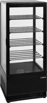 A black commercial display refrigerator with glass doors and multiple shelves.