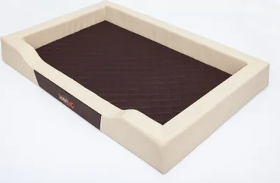 A dog bed with a beige outer rim and a dark brown quilted inner cushion, shown from a slightly elevated angle on a white background.