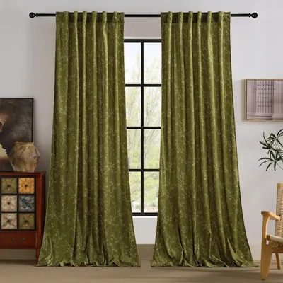 Produktbild von Samtvorhang Vorhang Verdunkelung - 127 x 245 cm - Olivgrün - 2 Paneele - Mit Blumenmuster
