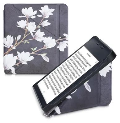 Produktbild von kwmobile Kunstleder eReader Schutzhülle für Kobo Libra 2 Hülle - Falt Cover für E-Reader in Taupe Weiß Dunkelgrau - Magnolien