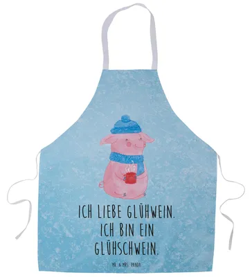 Produktbild von Mr. & Mrs. Panda Küchenschürze Schwein Glühwein - Eisblau - Geschenk, Grillmeister-Schürze, Küchenzubehör, Weihnachten, Kochschürze, Punsch, Glühschwein, Grillschürze