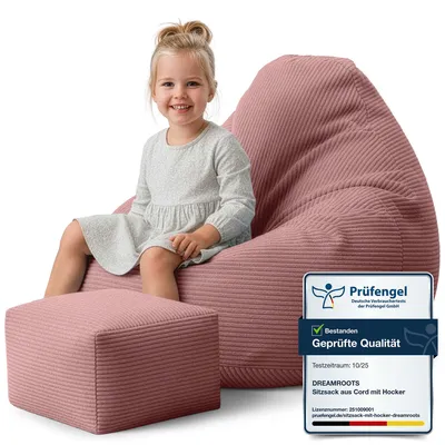 Image de Dreamroots Bean Bag 70x70x70 cm Pouf enfants avec dossier et tabouret et housse Coussin de sol Chill Sack Pouf avec garnissage, Ginger Spice