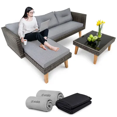 Produktbild von di volio Garten Ecksofa Polyrattan – Gartenmöbel-Set mit eleganten Holzbeinen aus Eukalyptus in drei Farben -Zertifikat - dunkelgrau/grau