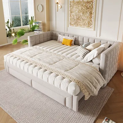Immagine prodotto di Letto imbottito Abrihome 90 x 200 cm con letto estraibile, daybed con 2 cassetti, beige
